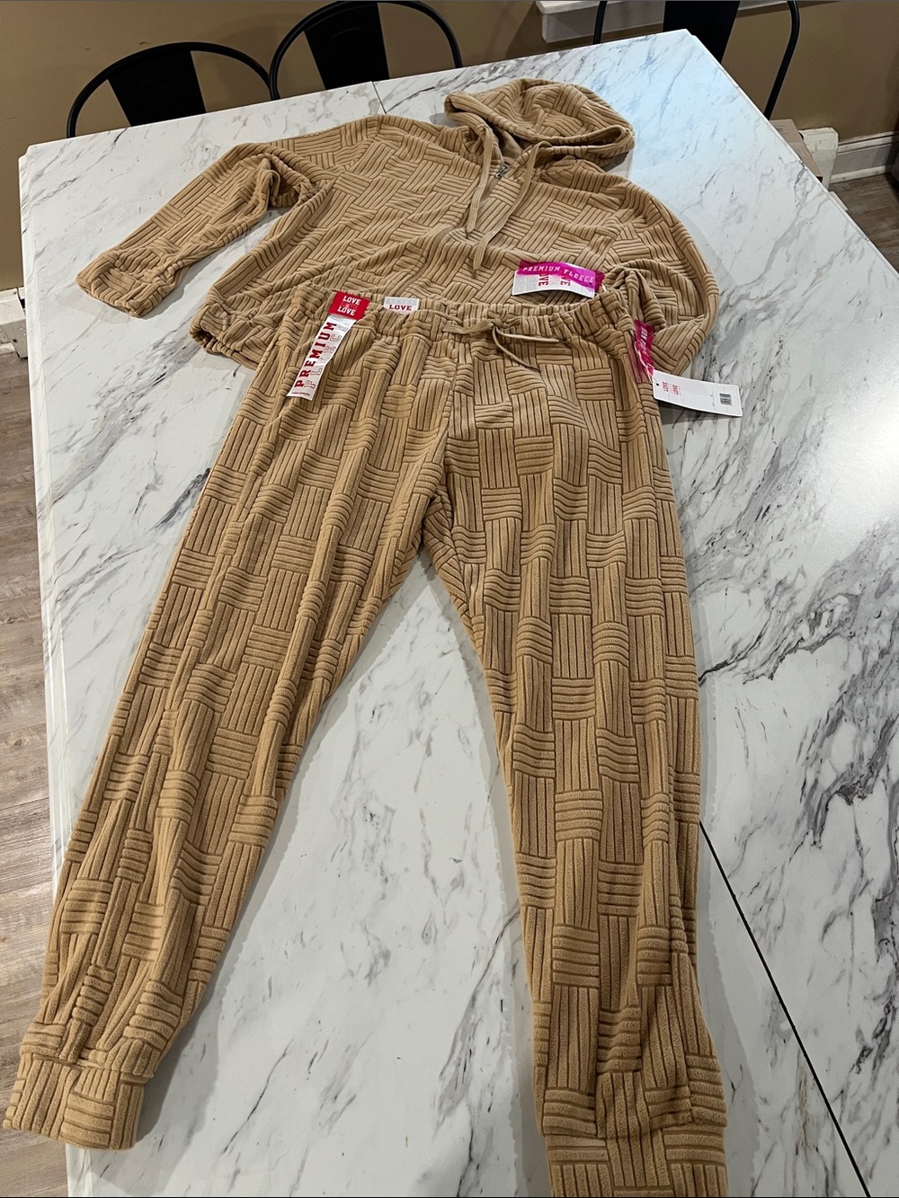 Plush Hooded track suit Set in Camel color - Women's